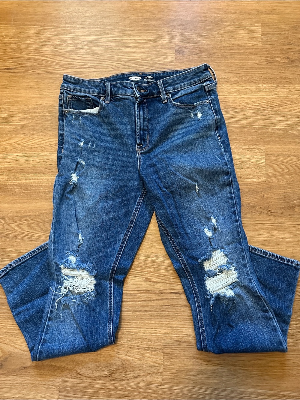 Old Navy Distressed Dark Blue Power Slim Straight Jeans